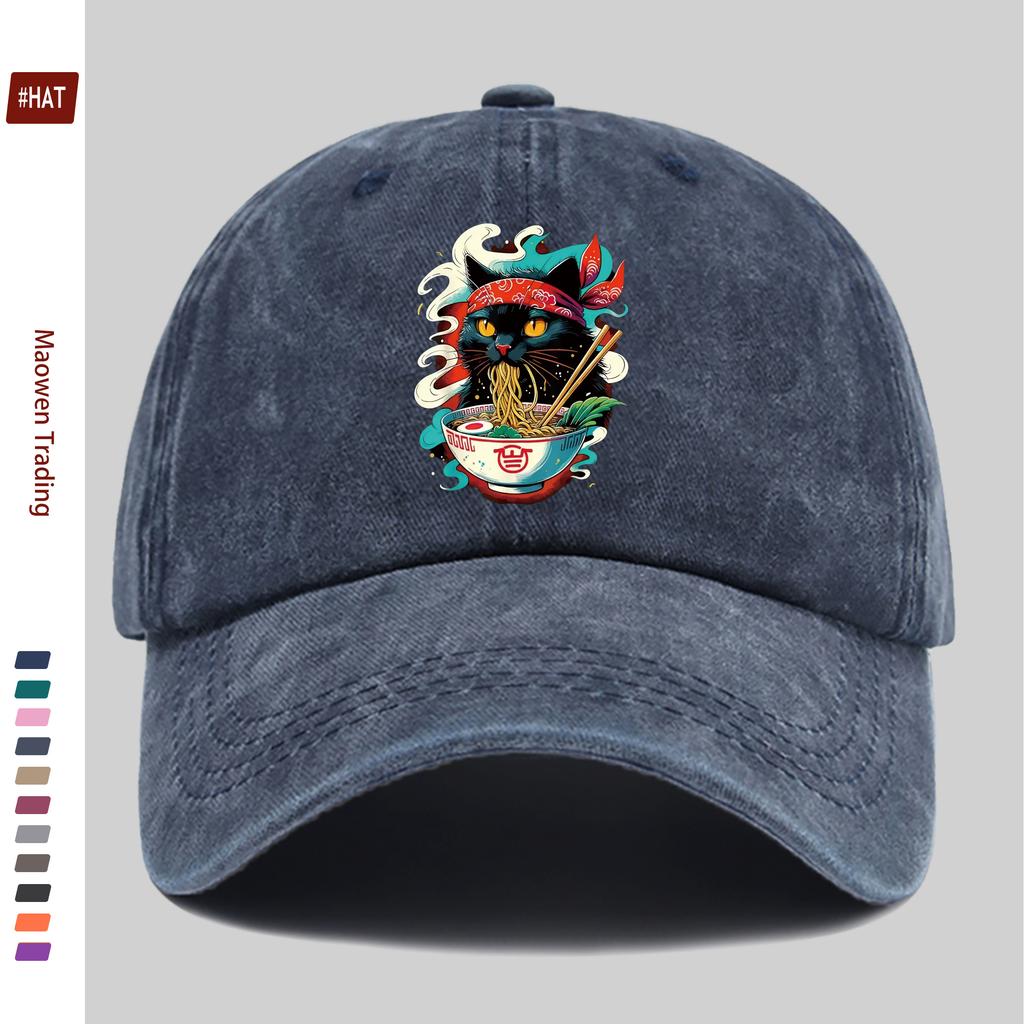 pc Japanese Anime Cat Ramen Print Trucker Cap Adjustable Buckle Strap Washed Baseball Hat Suitable for Men Women Vintage