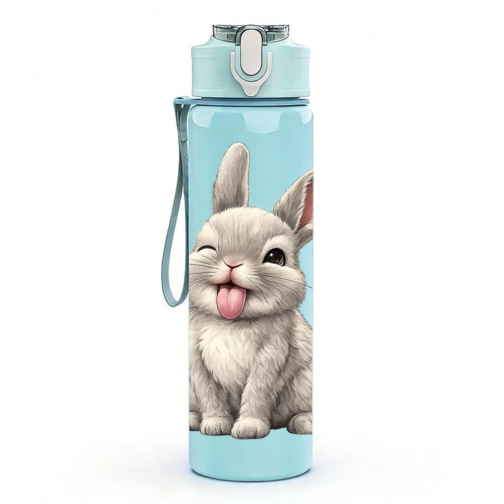 1PC White Fluffy Easter Bunny Print 750ml Color Plastic Sports Water Bottle Leakproof Flip Straw Lid Suitable for Sports Office Home Use