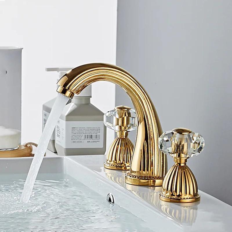 Gold Brass Bathroom Basin Faucet Deck Mounted Crystal Double Handle Three Hole Cold And Hot Mixed Water Sink Tap Bathtub Faucet