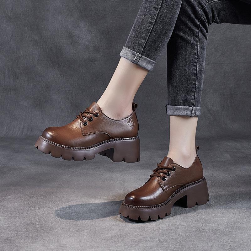 

Женская обувь из натуральной кожи, одинарные туфли на толстой подошве, весенний стиль, первый слой из воловьей кожи, маленький круглый носок, шнуровка, низкий ботинок, толстый высокий каблук, маленький пламенный