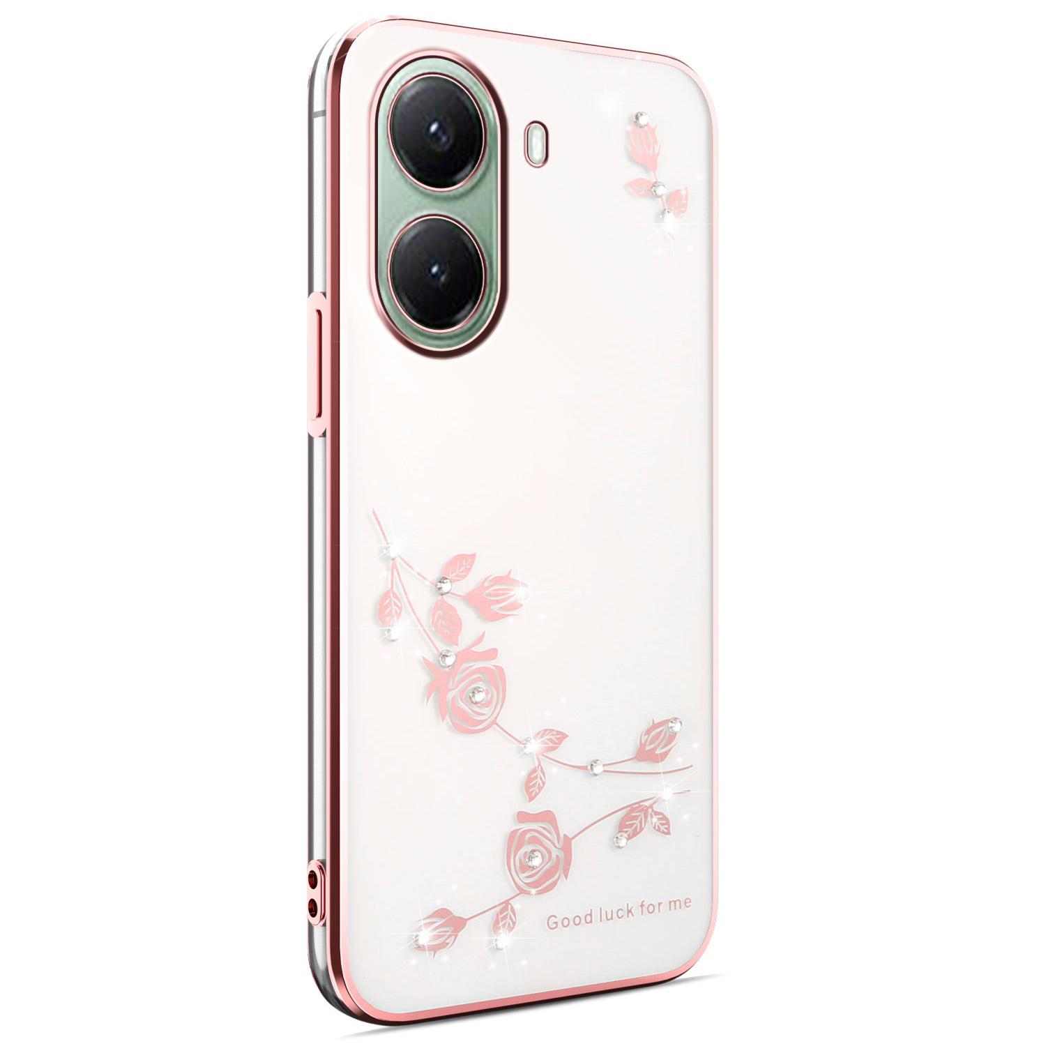 

KADEM For Xiaomi Poco X7 Pro 5G Case Flower Rhinestone Decor Electroplating TPU Phone Cover Rose Gold