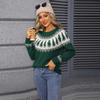 Women's Green Jacquard Christmas Tree Sweater - Round Neck Pullover for Autumn and Winter