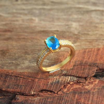 Blue Topaz Zircon Yellow Gold Plated Ring 925 Sterling Silver Women Wedding Jewelry