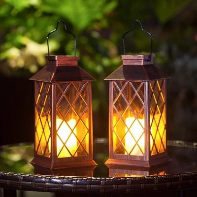 Vintage Solar Powered Metal Lanterns - Flickering Flameless Candle LED Lamp Waterproof Hanging Decor for Patio, Garden & Outdoor