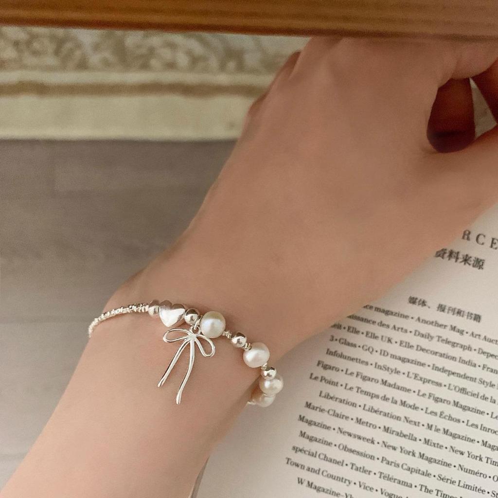 Minimalist Luxury: S925 Sterling Silver Pearl Bow & Heart Bracelet for Women