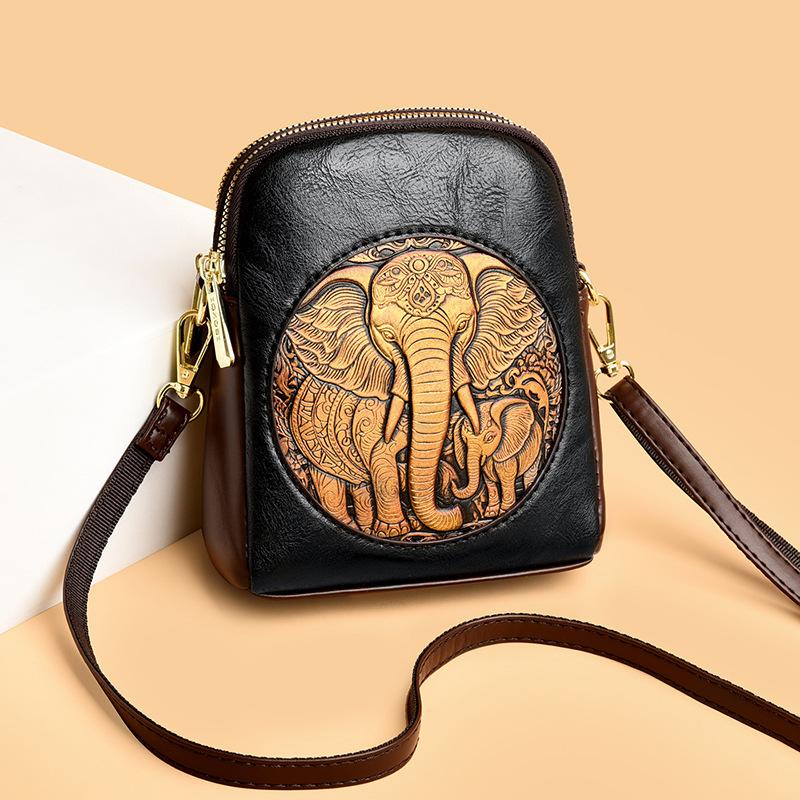 Women's Embossed Elephant Design Crossbody Bag Vintage Leather Shoulder Bag for Daily Use