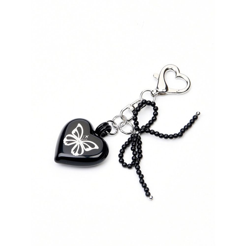 NICK&NICOLE HEART BUTTERFLY Logo PEARL RIBBON keyring_BLACK