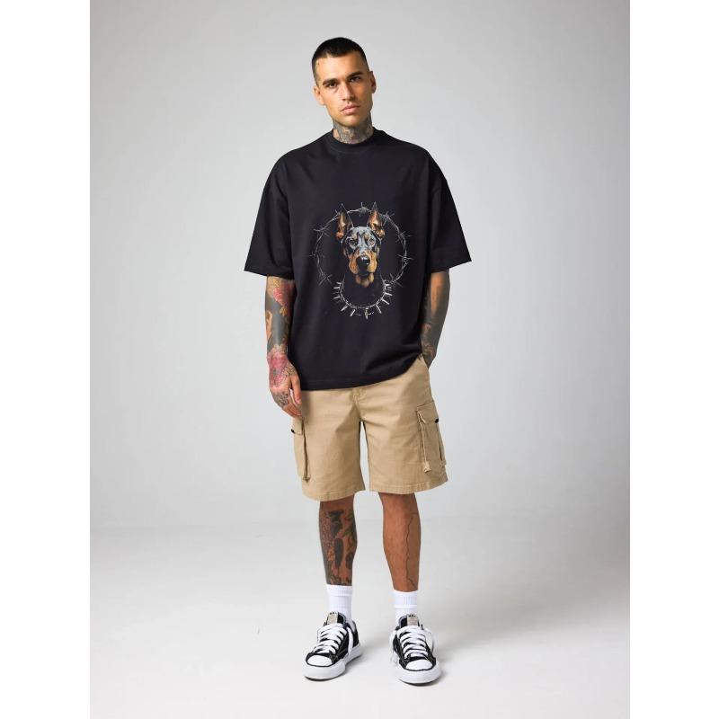 White Oversized T-Shirt Dog Head with Barbed Wire Print Casual Streetwear Fashion Unisex Top for Men and Women