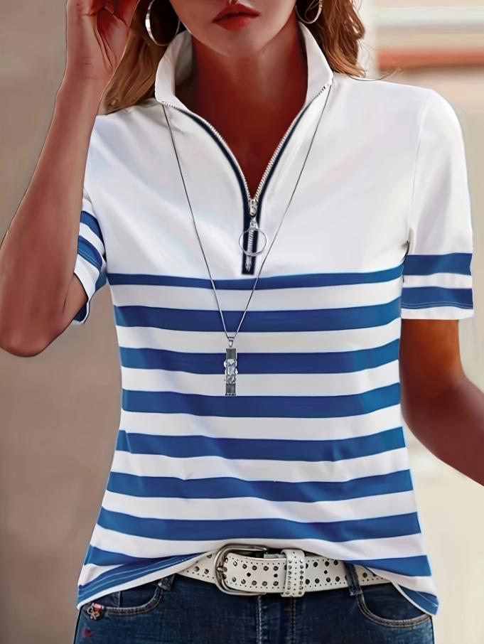 European and American Striped Polo Collar Short Sleeve Women's Autumn T-shirt - Versatile and Fashionable.