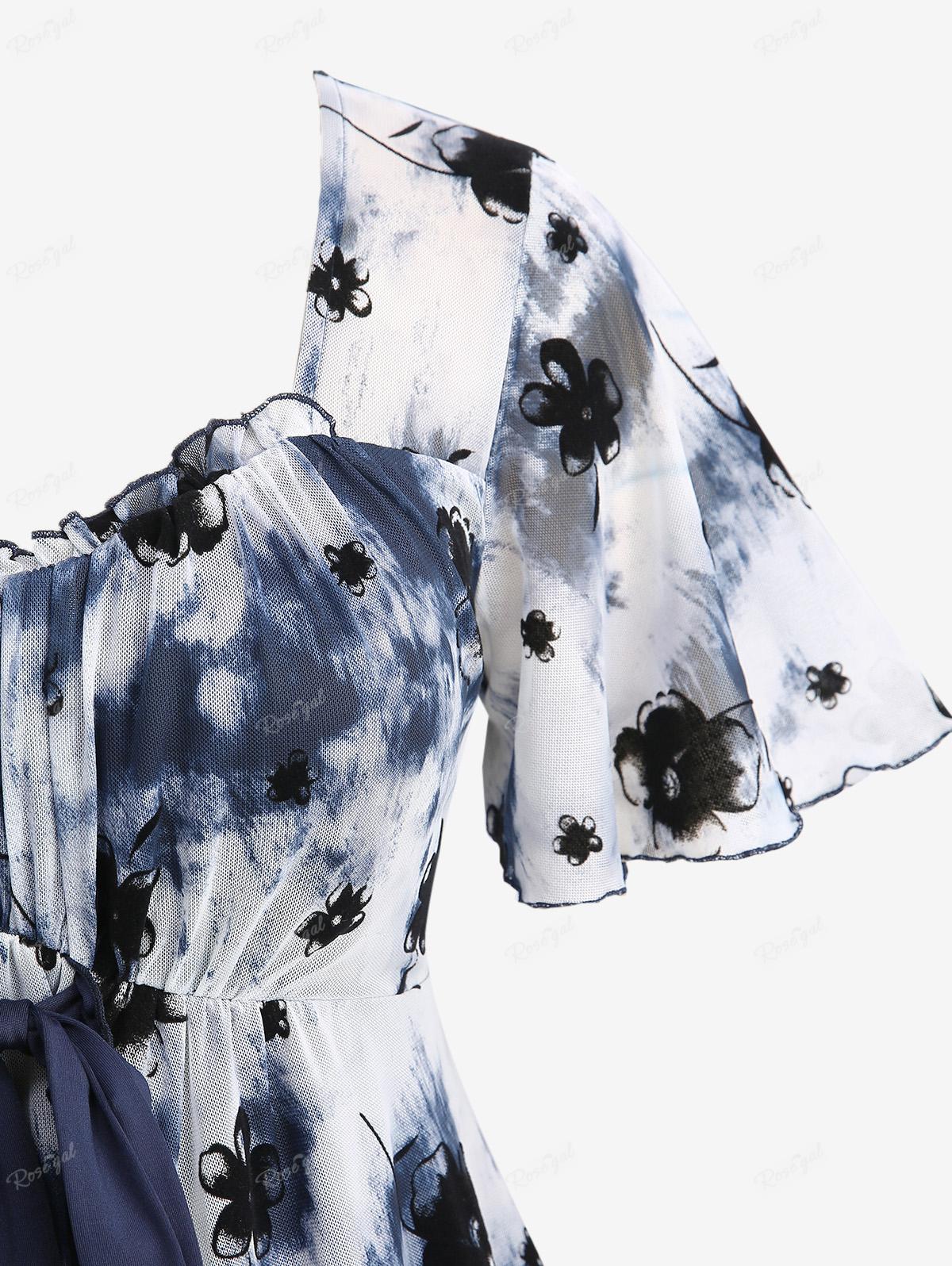 Rosegal Plus Size Tie Dye Mesh Floral Flocking Top Tied Layered Ruched Bust Top — фото 3