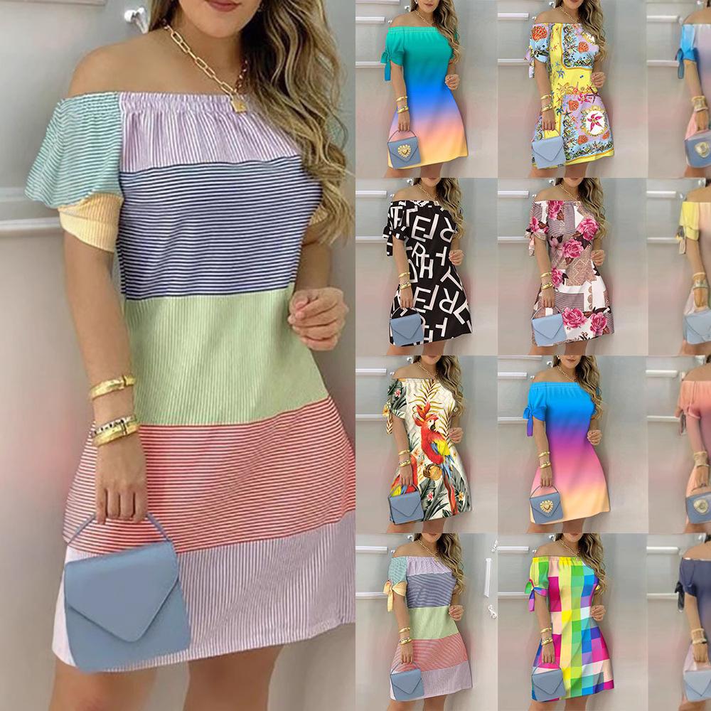 Women's Fashion Summer Spring Solid Color Print Short Sleeve One Shoulder High Waist Casual Dresses
