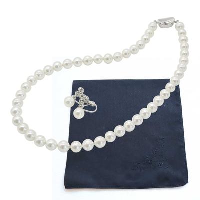 Pearl Necklace Set (8mm, 42cm), Shell Pearls, White, Earrings, and Formal Handkerchief Set.
