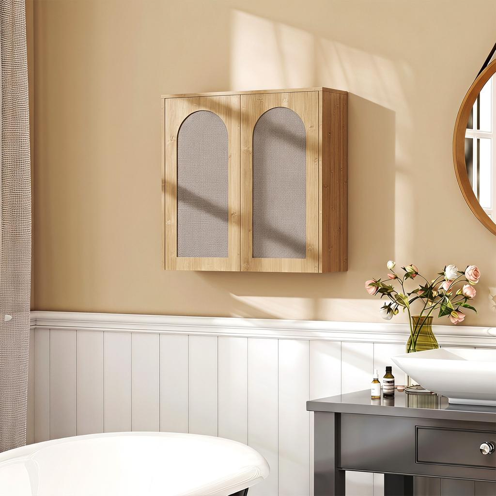 Bohemian Bathroom Wall Cabinet, 2 Soft-Close Rattan-Effect Doors, Adjustable Shelf, Oak