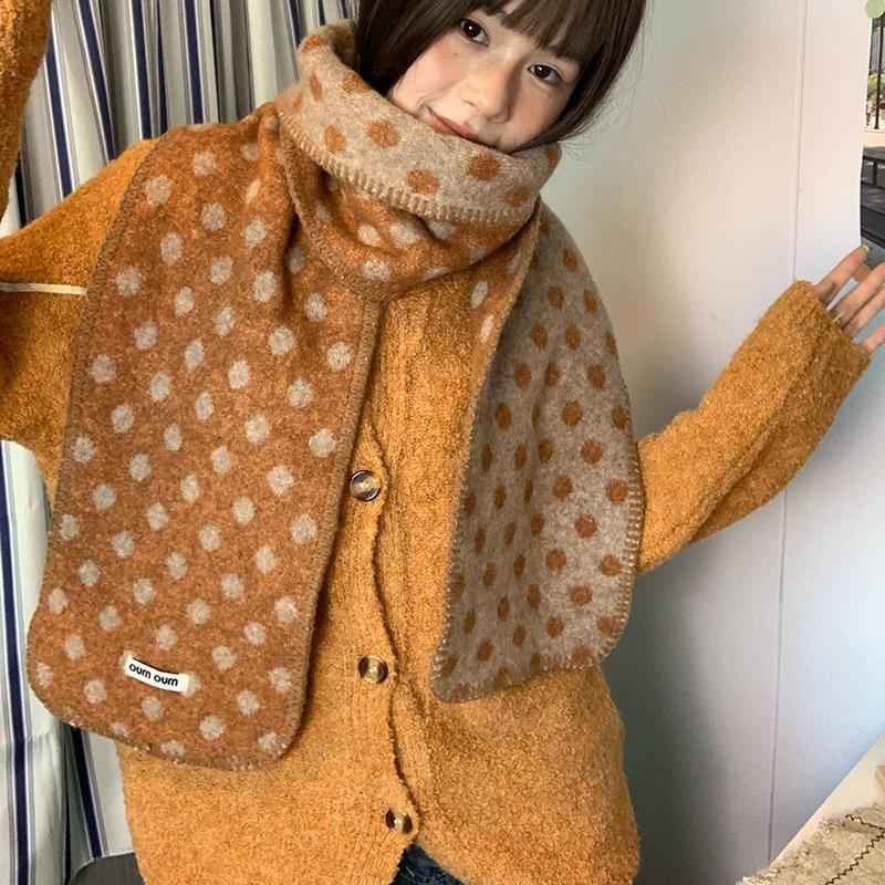 Korean Style Color-Block Polka Dot Double-Sided Scarf For Women Fashion Warm Thickened Furry Knitted Scarfves