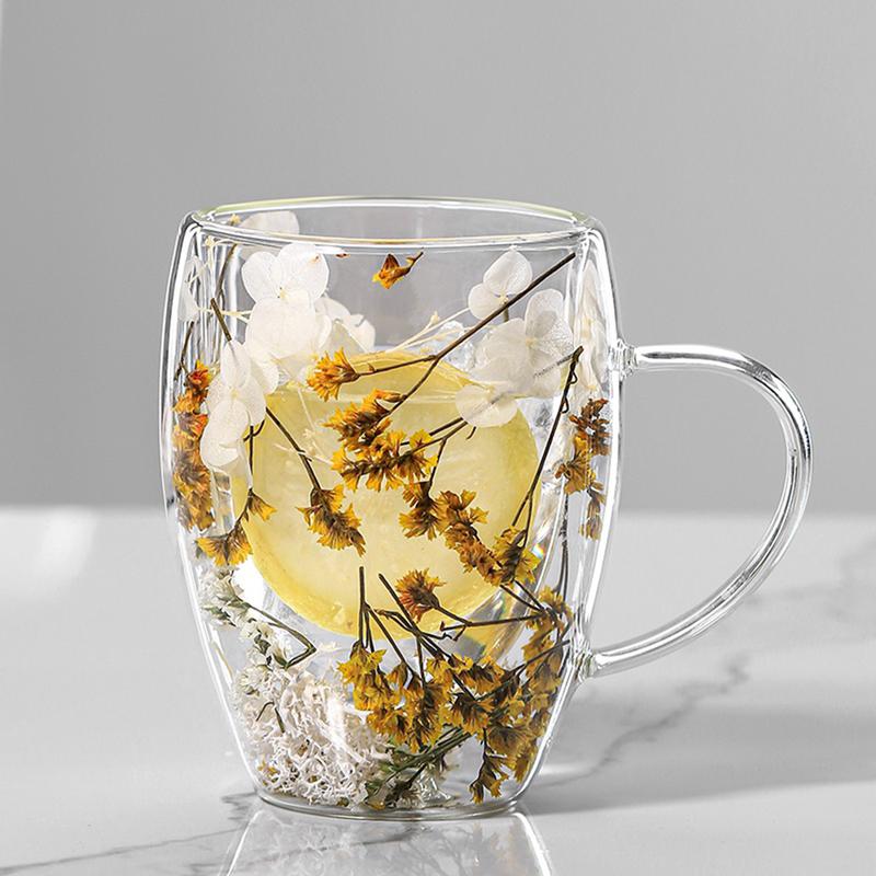 Creative Double Wall Coffee Mug Real Dried Flower Filler Glass Cups Gifts High Borosilicate Glass Cup With Handles