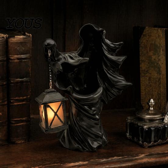 Seasonal Holiday Garden Ornaments Halloween Ghost Messenger Resin Figurine, Witch Statue with Lantern, Waterproof Indoor Outdoor Night Lights