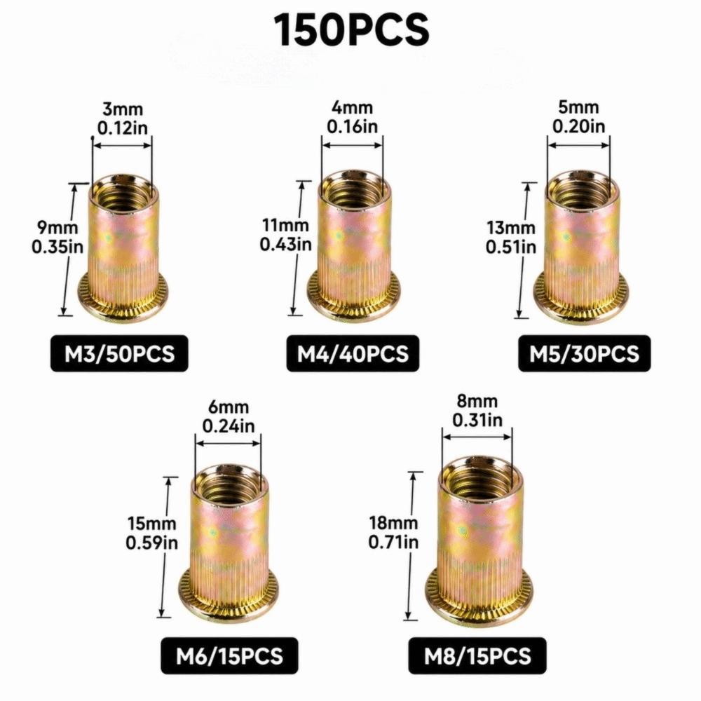 150PCS Gold Rivet Nuts Assortment Steel Threaded Rivnuts Knurled Nuts Set Industrial Applications