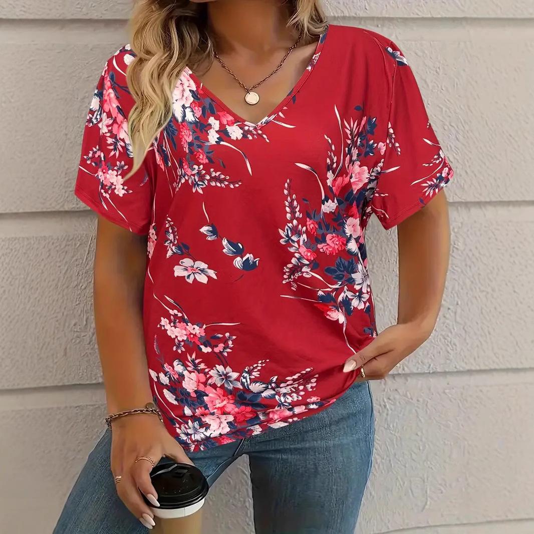 

Модные и удобные женские футболки с коротким рукавом и V-образным вырезом с растительным узором S