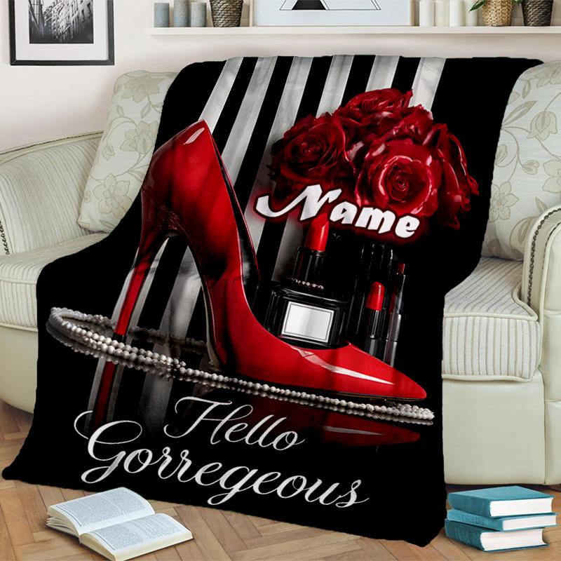 1PC Custom Name Glamorous Heels Roses outdooor Flannel blankets Throw Blanket All-Season Throw Gift Bedspread for Couch, Bed, Camping Holiday Birthday