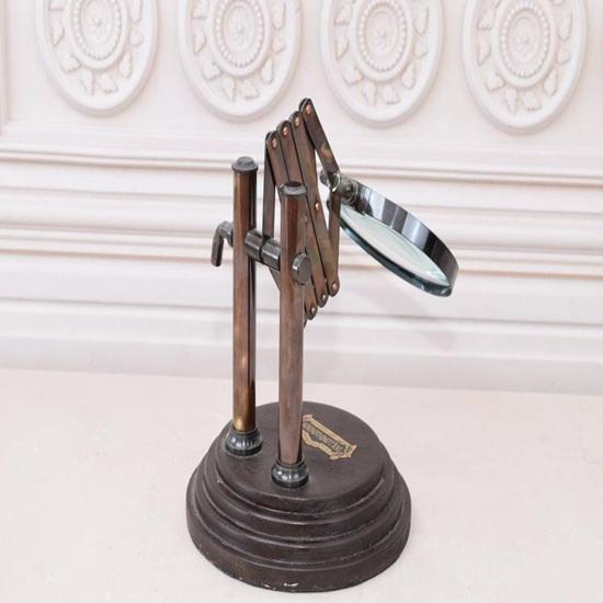 Brass Adjustable Magnifier Harmonica Style, Wood Base Table Top Home Office Decor