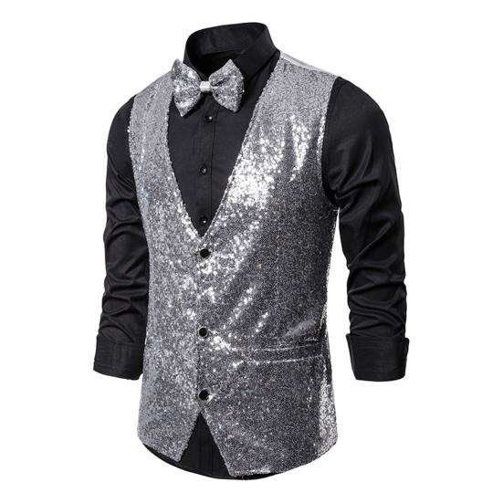 Men Suit Vest V-Neck Sleeveless Single Breasted Stage Show Waistcoat with Pockets Slim Fit Shiny Sequins Bow Tie Weddings Proms Vest