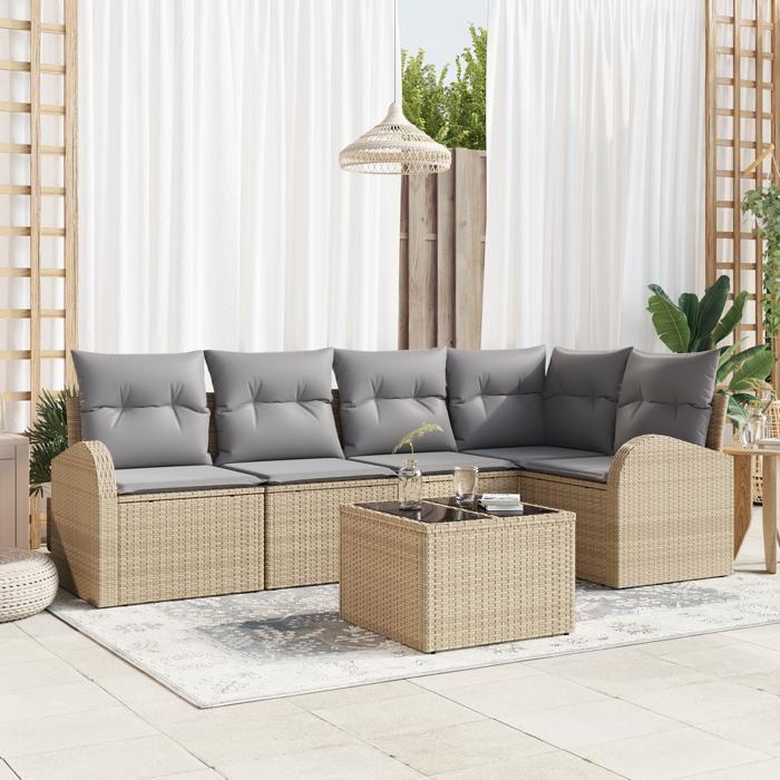 Ensemble de canapé de jardin de 6 pièces avec coussins en rotin poly noir, Canapé de jardin 2 places avec rangement 3354719
