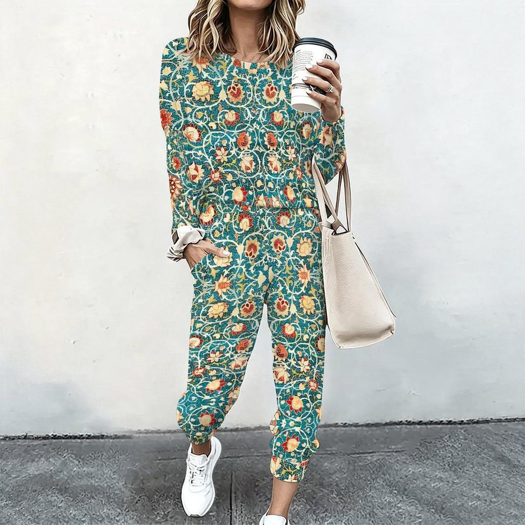 Ladies Round Neck Loose Sweatshirt And Elastic Waist Straight Trousers Two Piece Casual Home Outfit