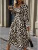 Leopard Print V-Neck Long Sleeve Dress - European & American Style, High Waist, Women's Elegant Commute Wear
