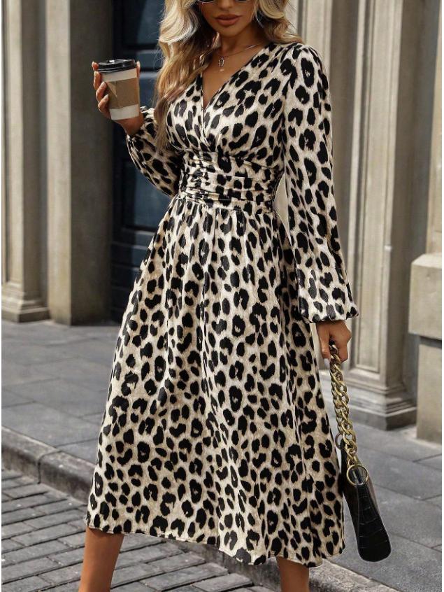Leopard Print V-Neck Long Sleeve Dress - European & American Style, High Waist, Women's Elegant Commute Wear