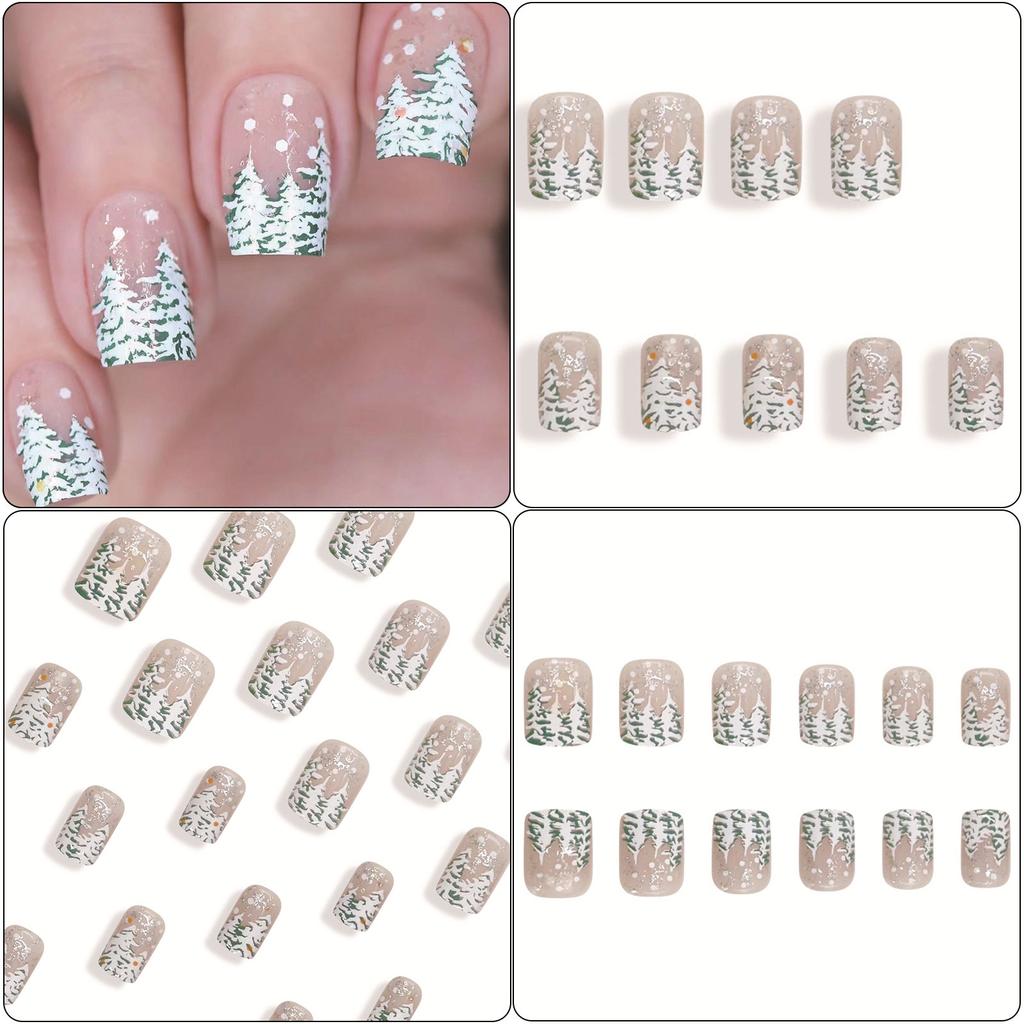 24 st Julgran Press On Nagel Kort Fyrkantig Lösnagel Full Täckning Stick on Nagel Fransk Snöflinga Akrylnagel