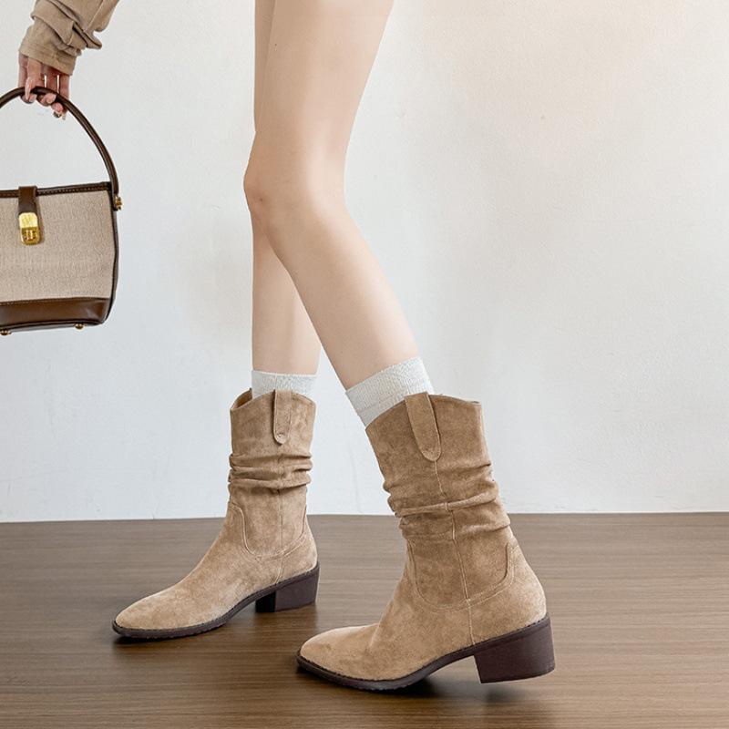 

Женские винтажные ковбойские ботильоны в западном стиле - Сборки, Массивный каблук, Небольшая высота, Мартин-стиль до середины икры 34