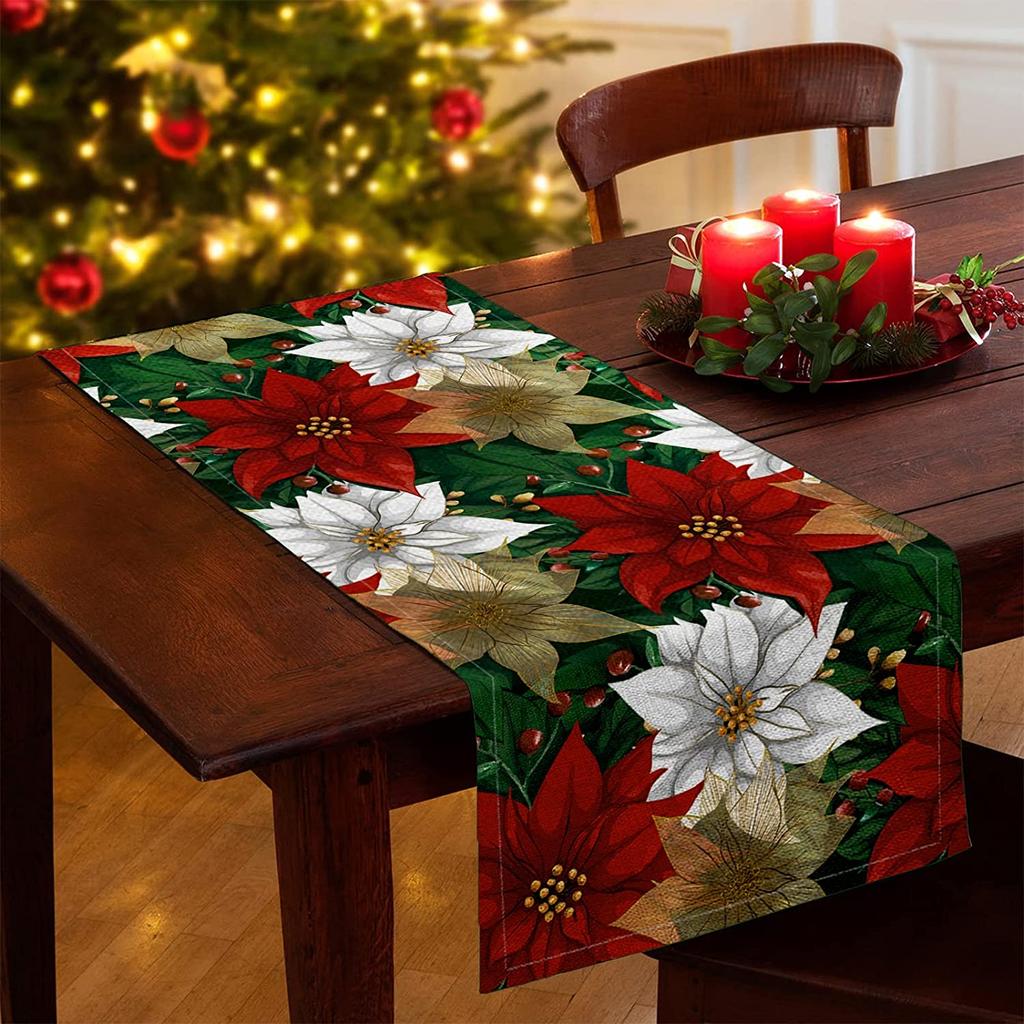 Weihnachts-Poinsettia Tischläufer Leinen Künstliche Küchen-Esszimmer-Dekoration Für Innen- und Außenbereich Zuhause Hochzeitsparty