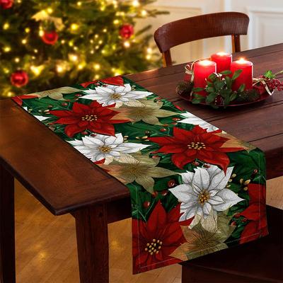 Christmas Poinsettia  Table Runner Linen   Fake Kitchen Dining Decor For Indoor Outdoor Home Wedding Party
