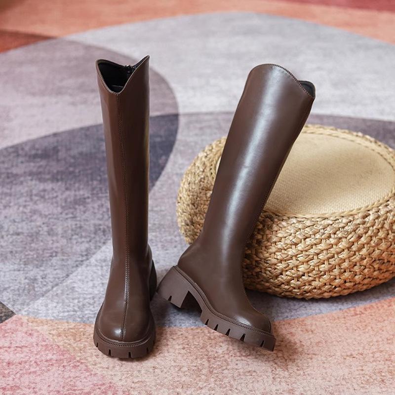 

Но высокие сапоги до колена на толстой подошве 2025 новые одинарные сапоги на плоской подошве для высоких женщин весенне-осенние высокие сапоги в стиле ретро британский стиль 40 коричневый