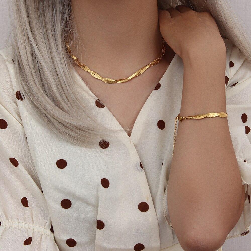 18k Gold Plated Waterproof Braided Herringbone Chain Necklace Bracelets Set Stainless Steel Jewelry for Women