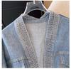 Cardigan Coat Supradimensionat Gros de Damă, Tricotat Vintage cu Patchwork din Denim, pentru Toamnă și Iarnă