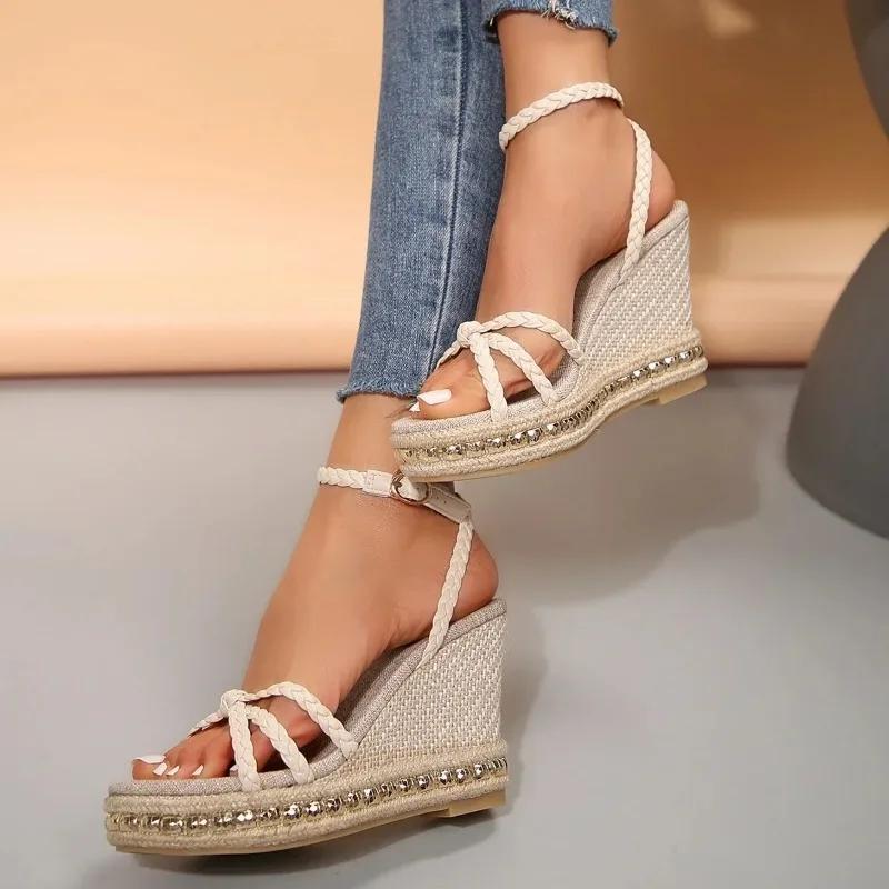 Sandale de modă cu toc pană cu curea pe gleznă pentru femei, cu barete încrucișate, platformă groasă, sandale de vară cu cataramă, pantofi gladiator pentru damă 36-42