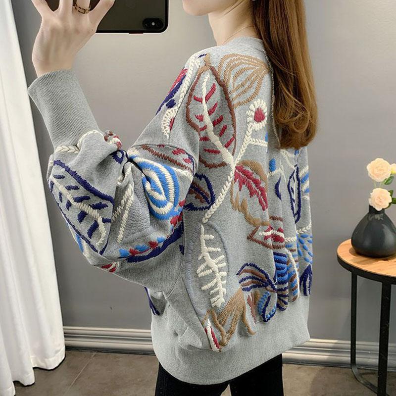 Mikina Dámské Tenké Volné Ležérní Vyšívaný Pulovr Mikina Dlouhý rukáv Kulatý výstřih Pohodlný top