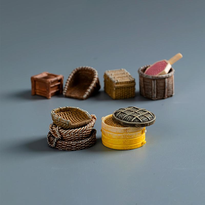 3Pcs/Set Dollhouse Miniature Resin Woven Basket Food Storage Picnic Basket Furniture Model For Doll House Accessories Decoration