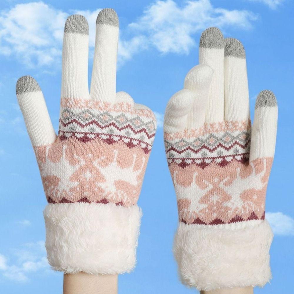 Thickened Christmas Knitted Gloves Wool Winter Mittens Simple Full Finger Gloves  Women