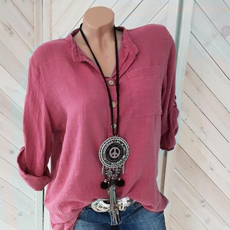 Women Blouses Cotton Linen Blouse Shirts Casual Long Sleeve Neck Loose Shirt Lady Tops
