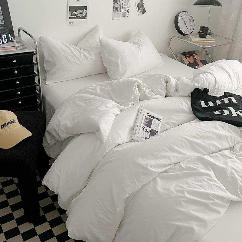 Bettwäsche-Set aus gewaschener Baumwolle 4-teilig Bettlaken-Set Einfarbig Bettbezug Paar Queen King Size Bett Steppdeckenbezug