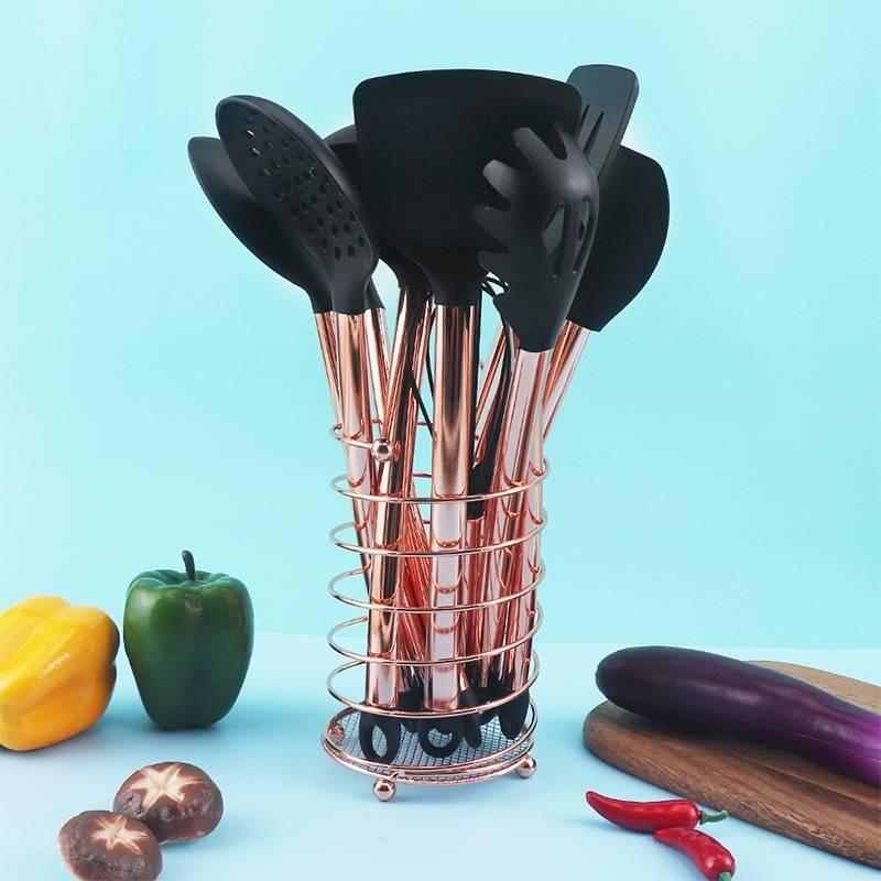 Mångsidigt Svart Silikon och Rostfritt Stål Köksredskapsset Tolvdelat Non-stick Matlagningsnödvändigheter