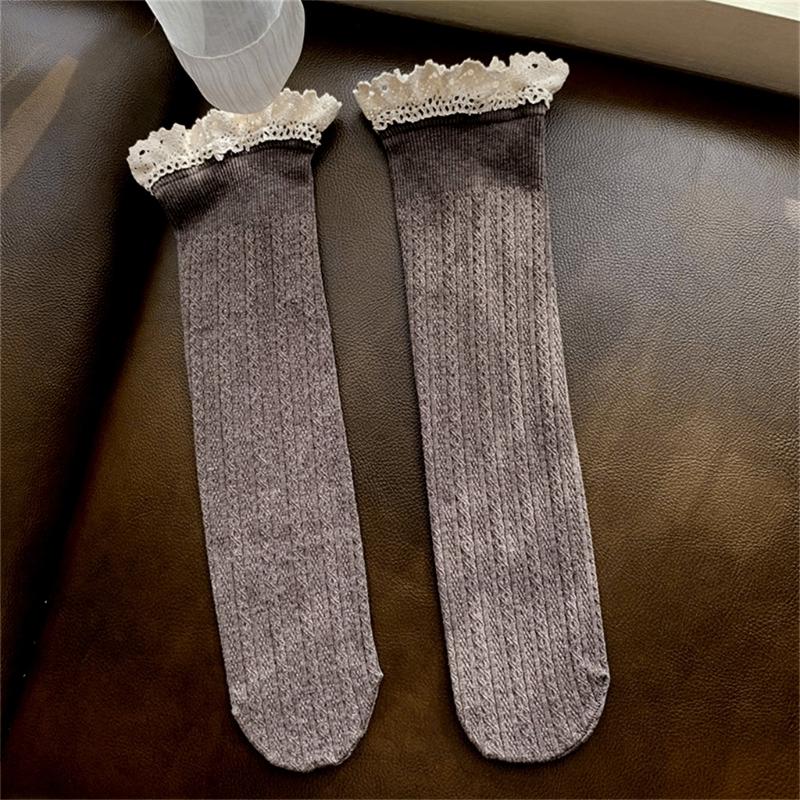 Women Winter Fall Vertical Striped Ribbed Knit Long Socks Japanese JK Sweet Frilly Ruffle Lace Trim Knee High Stockings