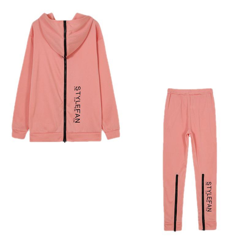 Women's European & American Fashion Set: Reversible Zip-Up Letter Print Loose Sweatshirt + Long Pants