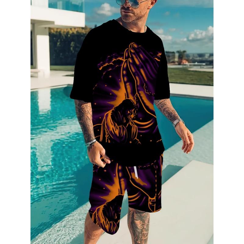 Set de Vară pentru Bărbați cu Tricou Larg Imprimat 3D și Pantaloni Scurți Modă Simplă Îmbrăcăminte Sport Casual Două Piese pentru Activități în Aer Liber