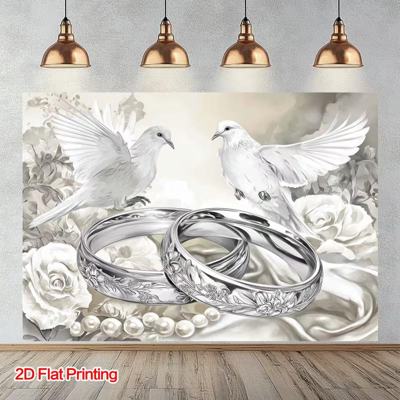 

2D Elegant Wedding Backdrop with White Doves, Silver Rings and Pearls 47.2x31.5inch/120*80cm
