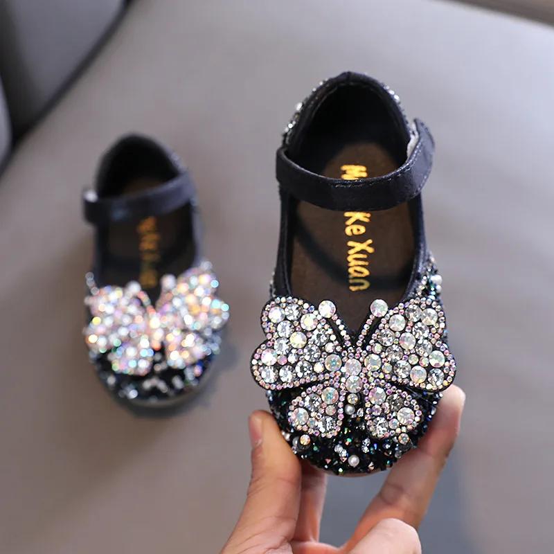 

Children Spring Summer Kids Version Single Shoes Girls Pearls Dance Shoes Crystal Sequins Rhinestone Princesses Leather Shoes 36