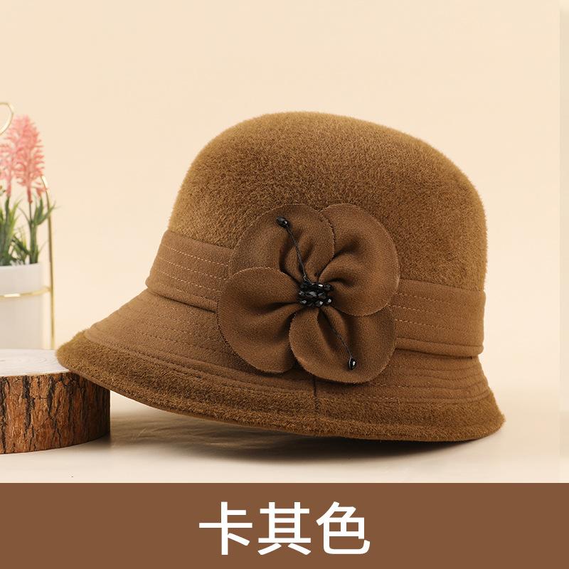 Middle-aged hat women's winter mink warm bucket hat mother autumn and winter versatile flower top hat British fashion pot hat