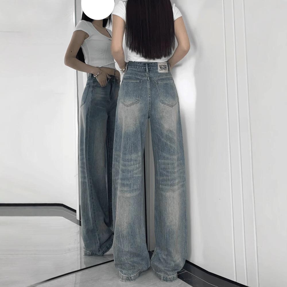 Women American Vintage Wide Leg Jeans Summer Thin High Waist Loose Draped Floor Length Flare Denim Pants
